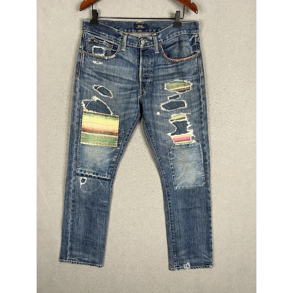 Polo Ralph Lauren Varick Slim Straight Distressed Serape Patchwork Mens 31x30